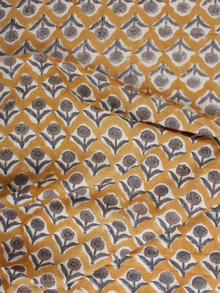Mustard Grey Hand Block Printed Cotton Fabric Per Meter - F001F2264
