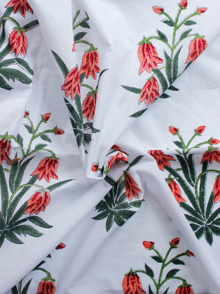 White Peach Green Hand Block Printed Cotton Fabric Per Meter - F001F1504
