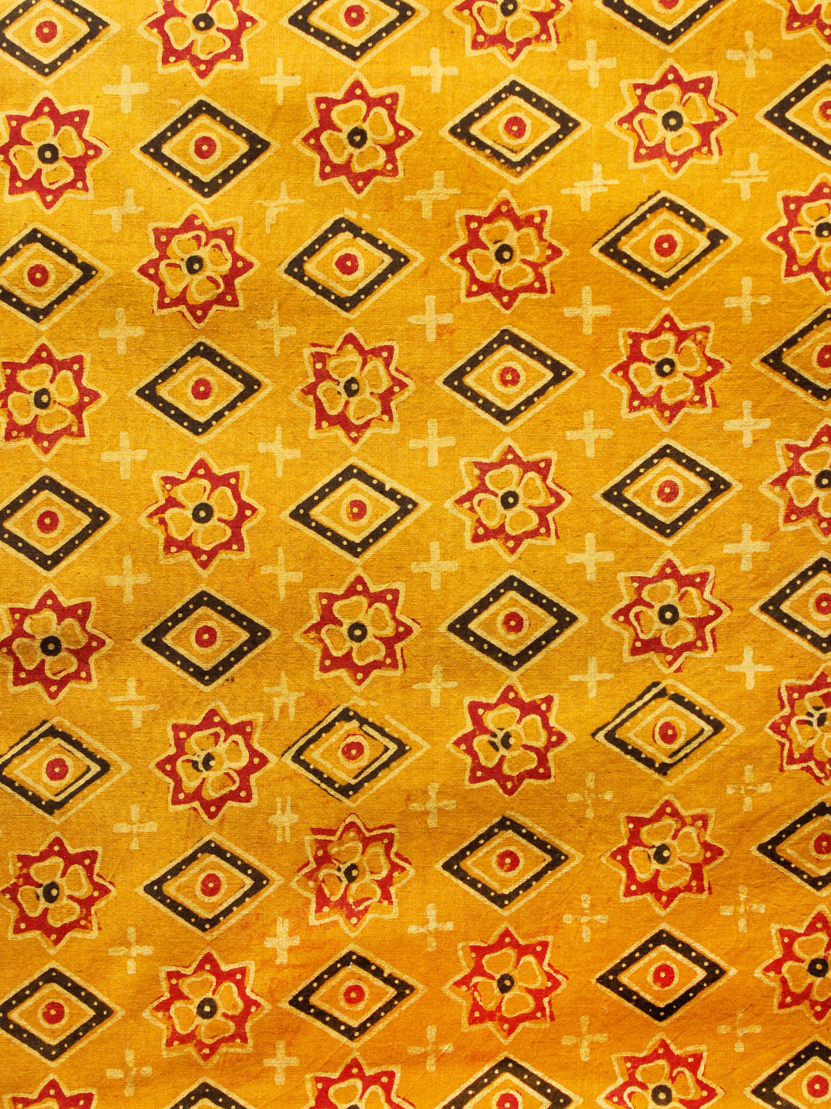 Mustard Black Red Ajrakh Hand Block Printed Cotton Fabric Per Meter - F003F1601