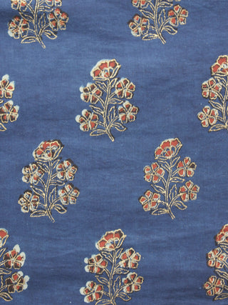 Indigo Ivory Rust Gold Painted Hand Block Printed Cotton Fabric Per Meter - F001F907