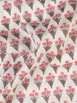 White Pink Grey Hand Block Printed Cotton Fabric Per Meter - F001F2320