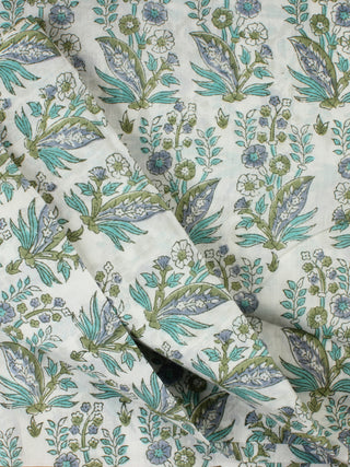 White Sea Green Grey Hand Block Printed Cotton Fabric Per Meter - F001F2229
