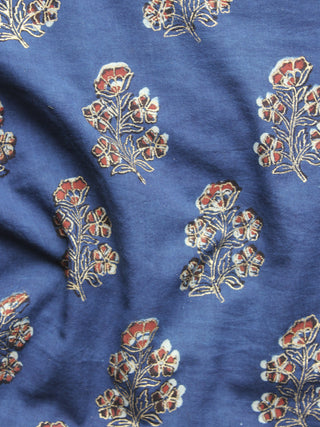 Indigo Ivory Rust Gold Painted Hand Block Printed Cotton Fabric Per Meter - F001F907
