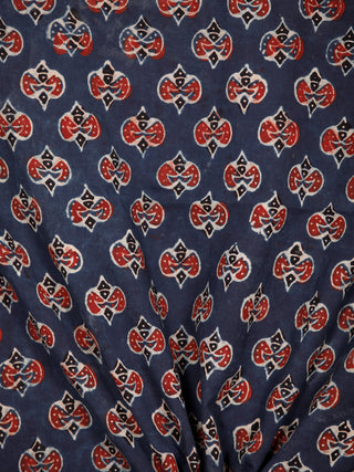 Indigo Red Ivory Black Ajrakh Block Printed Cotton Fabric Per Meter - F003F1760