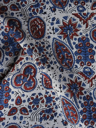 Ivory Maroon Indigo Ajrakh Hand Block Printed Cotton Blouse Fabric - BPA028