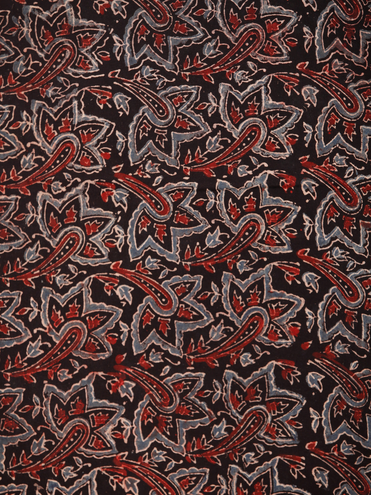 Black Maroon Blue Ajrakh Block Printed Cotton Fabric Per Meter - F003F1762