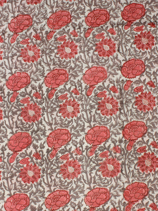 White Coral Grey Hand Block Printed Cotton Fabric Per Meter - F001F2322