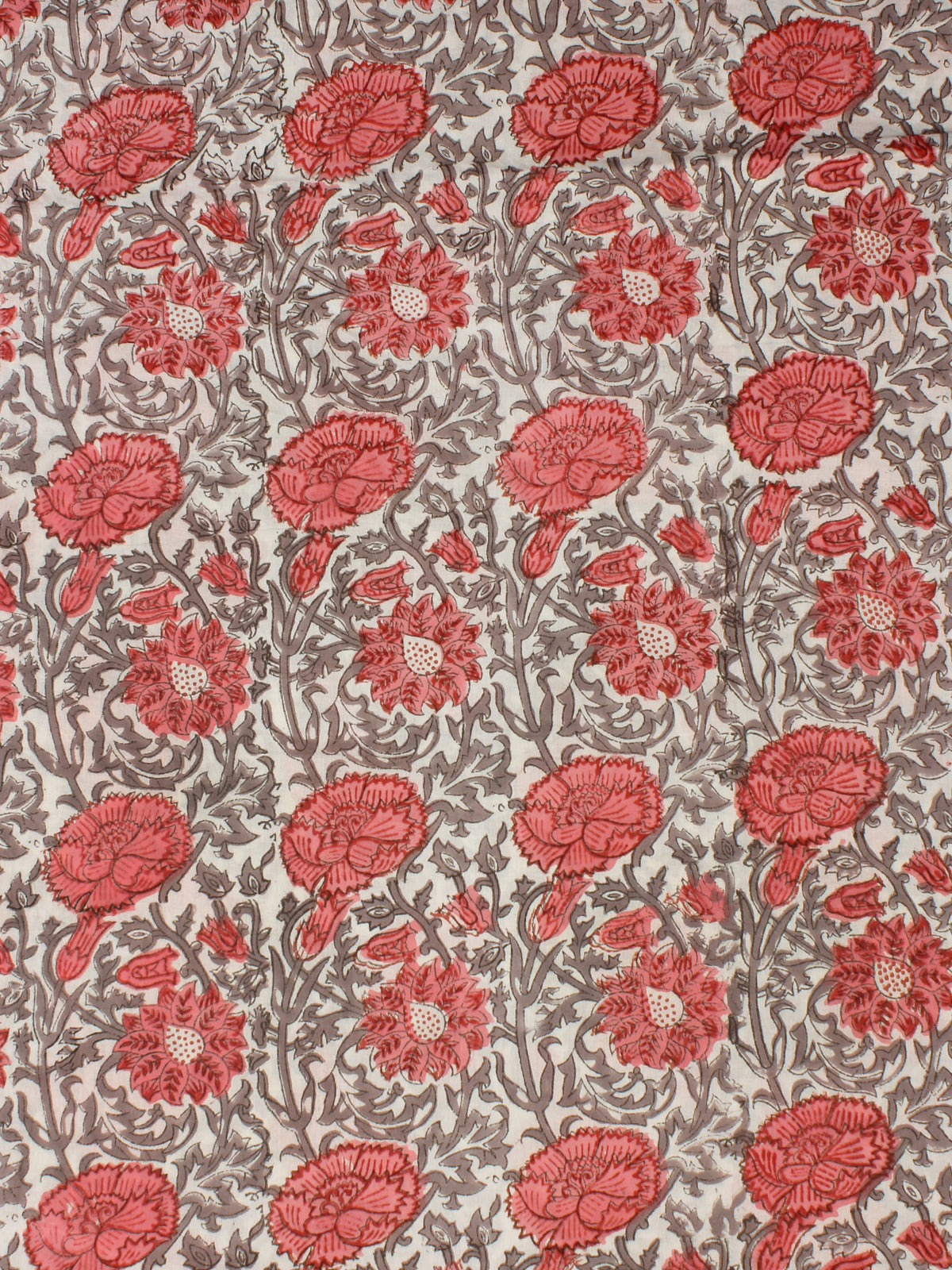 White Coral Grey Hand Block Printed Cotton Fabric Per Meter - F001F2322