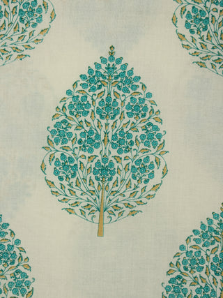 Off White Green  Hand Block Printed Cotton Fabric Per Meter - F001F2020