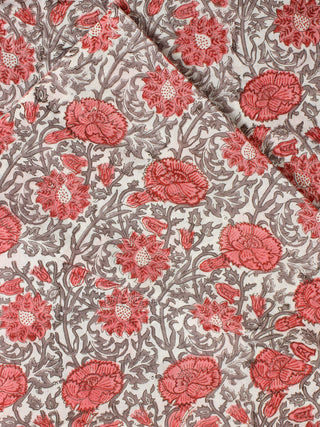White Coral Grey Hand Block Printed Cotton Fabric Per Meter - F001F2322