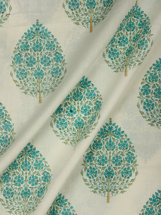 Off White Green  Hand Block Printed Cotton Fabric Per Meter - F001F2020
