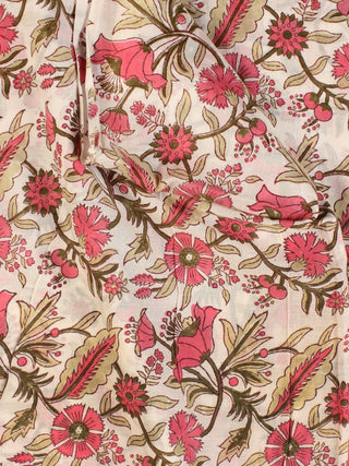 White Pink Green Hand Block Printed Cotton Fabric Per Meter - F001F2186
