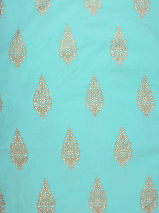 Sea Green White Golden Hand Block Printed Cotton Fabric Per Meter - F001F2284