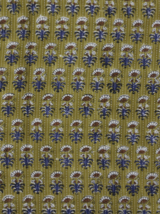 Olive Green Ivory Blue Brown Kantha Embroidered Hand Block Printed Cotton Fabric - F001F563