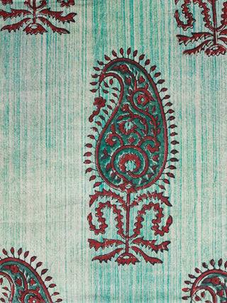 Ivory Green Maroon Hand Brush Printed & Block Printed Cotton Fabric Per Meter - F001F1556