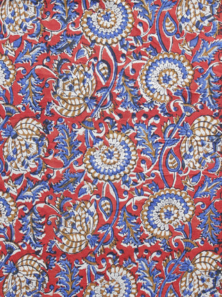 Red Blue Peanut Brown Hand Block Printed Cotton Fabric Per Meter - F003F1216