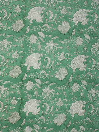 Green White Hand Block Printed Cotton Fabric Per Meter - F001F2128