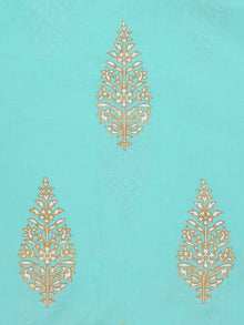 Sea Green White Golden Hand Block Printed Cotton Fabric Per Meter - F001F2284