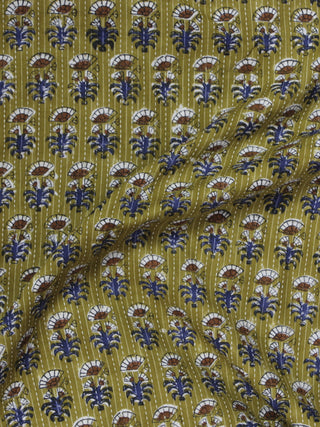 Olive Green Ivory Blue Brown Kantha Embroidered Hand Block Printed Cotton Fabric - F001F563