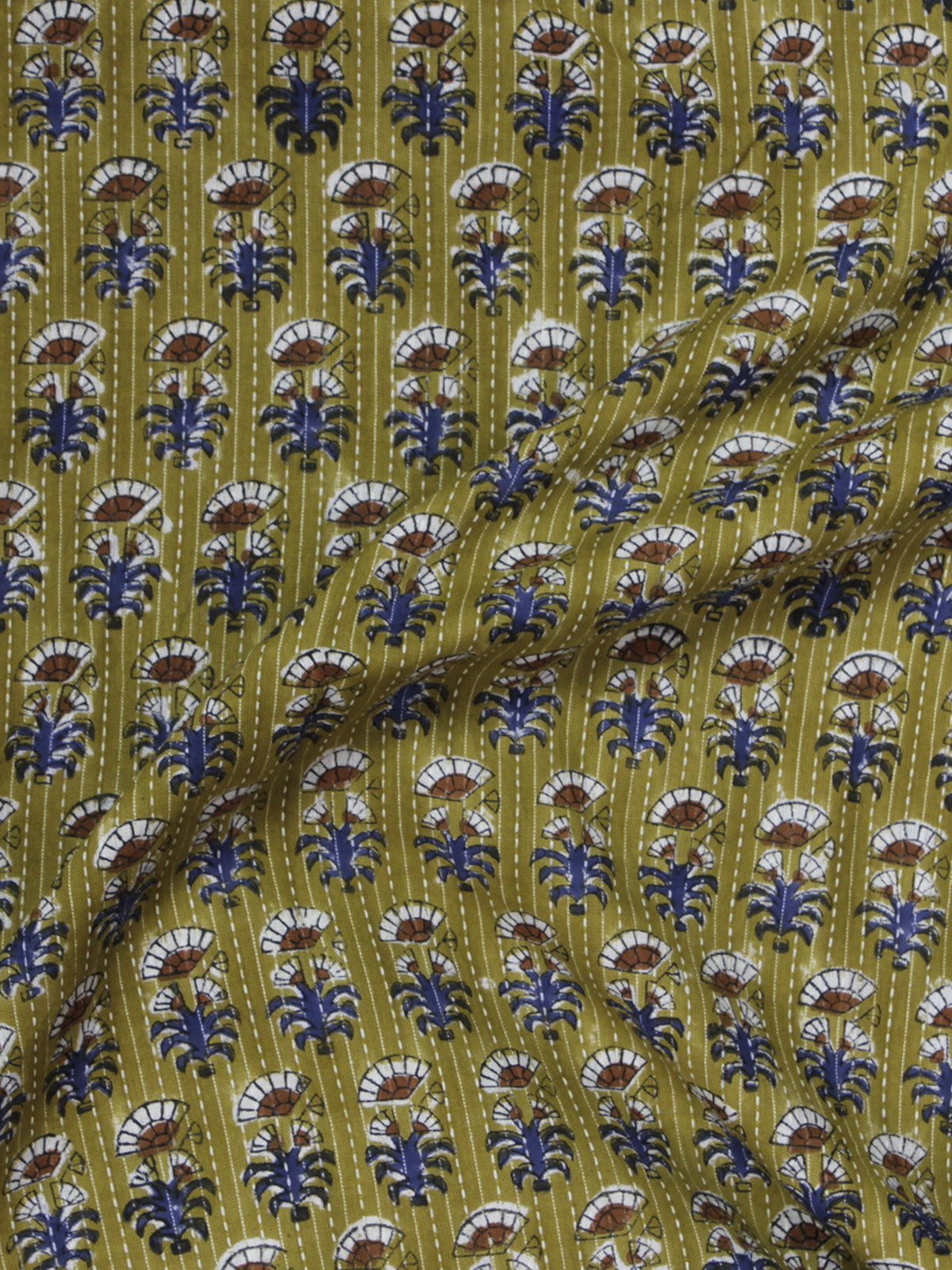 Olive Green Ivory Blue Brown Kantha Embroidered Hand Block Printed Cotton Fabric - F001F563