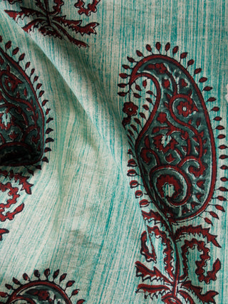 Ivory Green Maroon Hand Brush Printed & Block Printed Cotton Fabric Per Meter - F001F1556