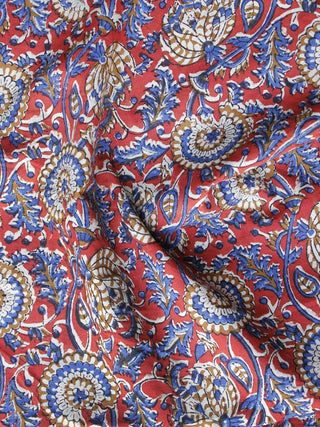 Red Blue Peanut Brown Hand Block Printed Cotton Fabric Per Meter - F003F1216