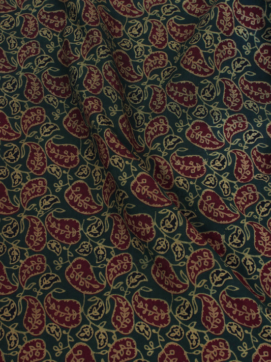Dark Green Maroon Beige Ajrakh Block Printed Cotton Fabric Per Meter - F0916675