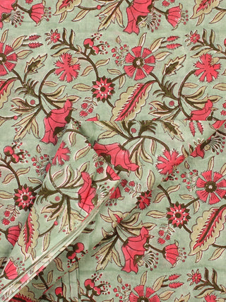 Green Pink Hand Block Printed Cotton Fabric Per Meter - F001F2187