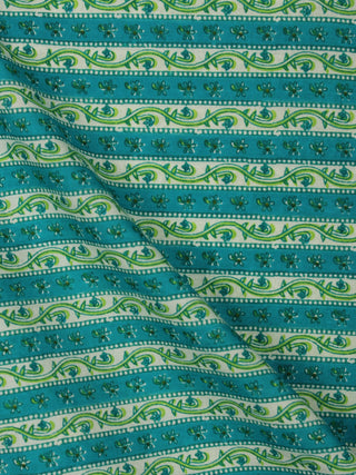 Green White Blue Hand Block Printed Cotton Fabric Per Meter - F001F2021