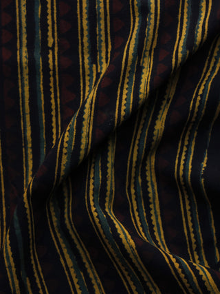 Yellow Green Black Brown Ajrakh Hand Block Printed Cotton Blouse Fabric - BPA030