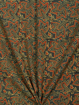 Green Maroon Black Yellow Ajrakh Block Printed Cotton Fabric Per Meter - F003F1763