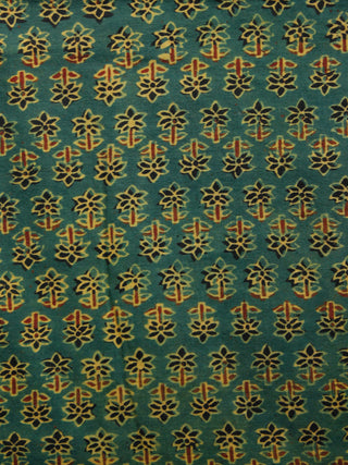 Green Mustard Black Red Ajrakh Hand Block Printed Cotton Fabric Per Meter - F003F1534