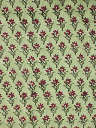 Pistachio Green Maroon Hand Block Printed Cotton Fabric Per Meter - F001F2233