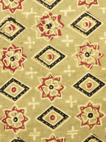 Light Olive Green Red Black Ajrakh Hand Block Printed Cotton Fabric Per Meter - F003F1606