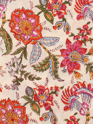 White Coral Pink Green Hand Block Printed Cotton Fabric Per Meter - F001F2188