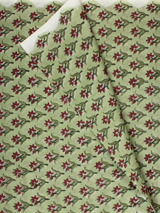 Pistachio Green Maroon Hand Block Printed Cotton Fabric Per Meter - F001F2233