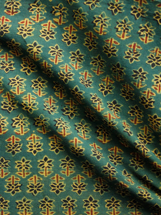 Green Mustard Black Red Ajrakh Hand Block Printed Cotton Fabric Per Meter - F003F1534