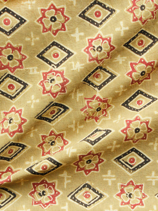 Light Olive Green Red Black Ajrakh Hand Block Printed Cotton Fabric Per Meter - F003F1606