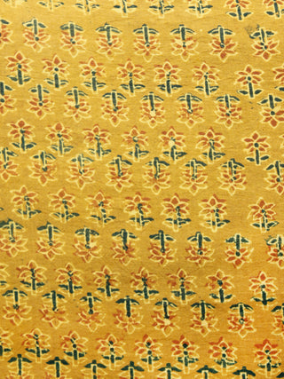 Mustard Rust Green Ajrakh Hand Block Printed Cotton Fabric Per Meter - F003F1535