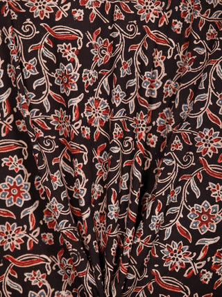 Black Maroon Blue Ajrakh Block Printed Cotton Fabric Per Meter - F003F1765