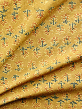 Mustard Rust Green Ajrakh Hand Block Printed Cotton Fabric Per Meter - F003F1535