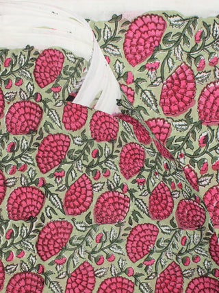 Pistachio Green Pink Hand Block Printed Cotton Fabric Per Meter - F001F2234