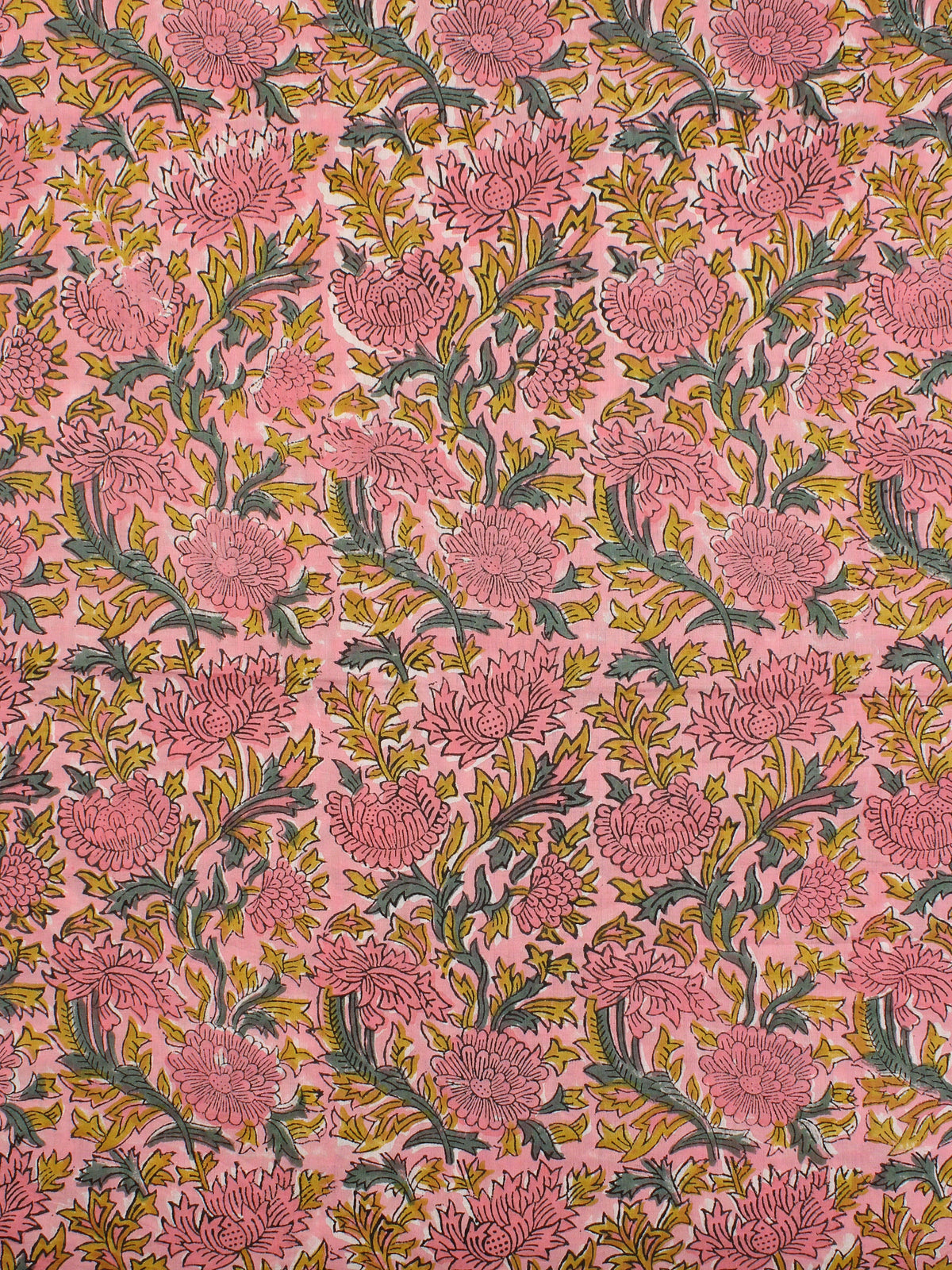 Pink Green Mustard Hand Block Printed Cotton Fabric Per Meter - F001F2326