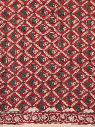 Red Green Beige Hand Block Printed Cotton Fabric Per Meter - F001F2470