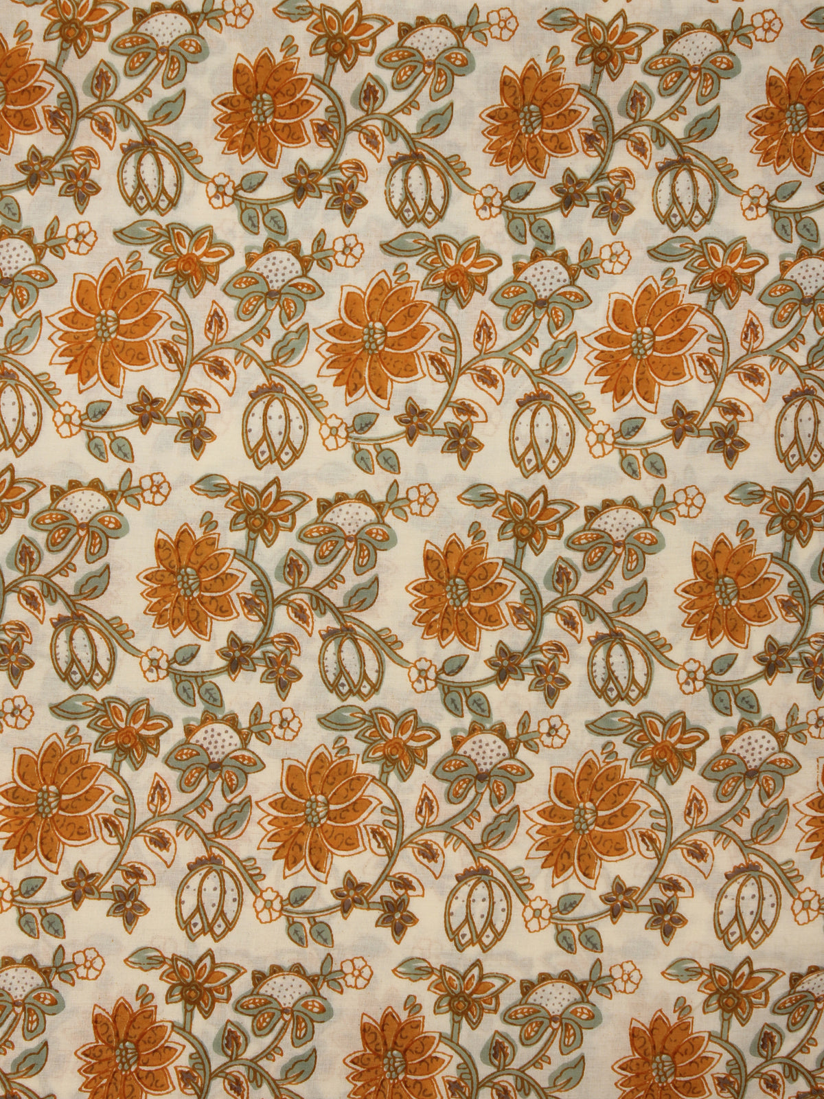 Ivory Rust Sage Green Hand Block Printed Cotton Fabric Per Meter - F001F2024