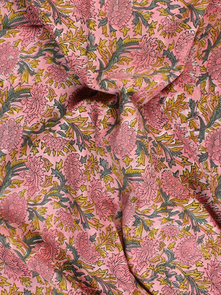Pink Green Mustard Hand Block Printed Cotton Fabric Per Meter - F001F2326