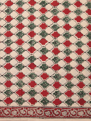 Red Green Beige Hand Block Printed Cotton Fabric Per Meter - F001F2472