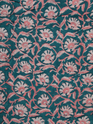Teal Blue Pink White Hand Block Printed Cotton Fabric Per Meter - F001F2361