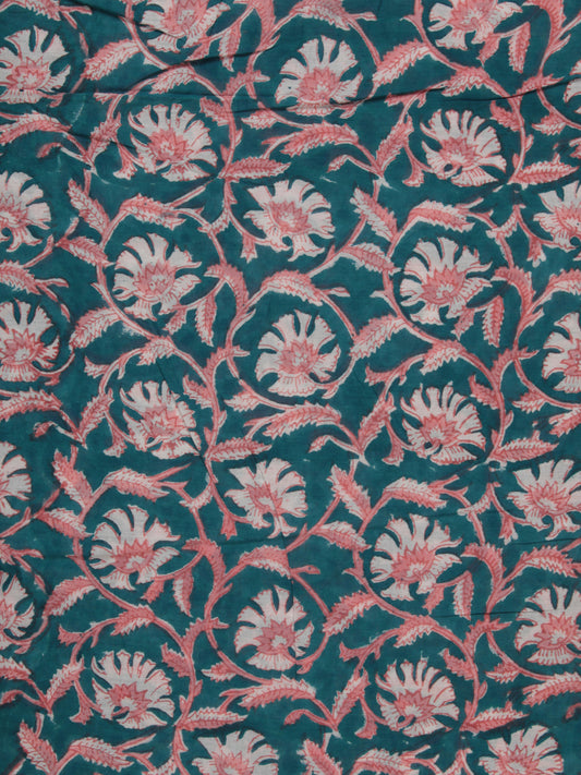 Teal Blue Pink White Hand Block Printed Cotton Fabric Per Meter - F001F2361