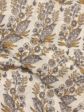 White Grey Mustard Hand Block Printed Cotton Fabric Per Meter - F001F2191